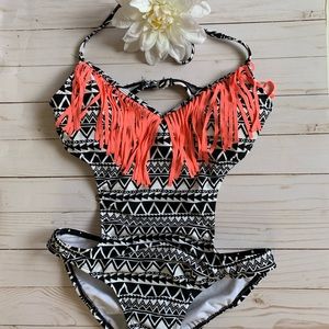 One piece, backless swimsuit.